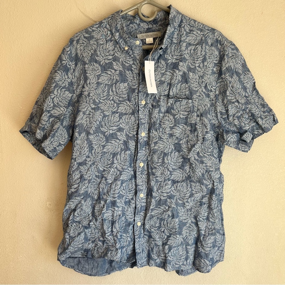 Outerknown Shirt Mens Large Blue Brown Short Sleeve Button Up Leaves Linen - Picture 7 of 7